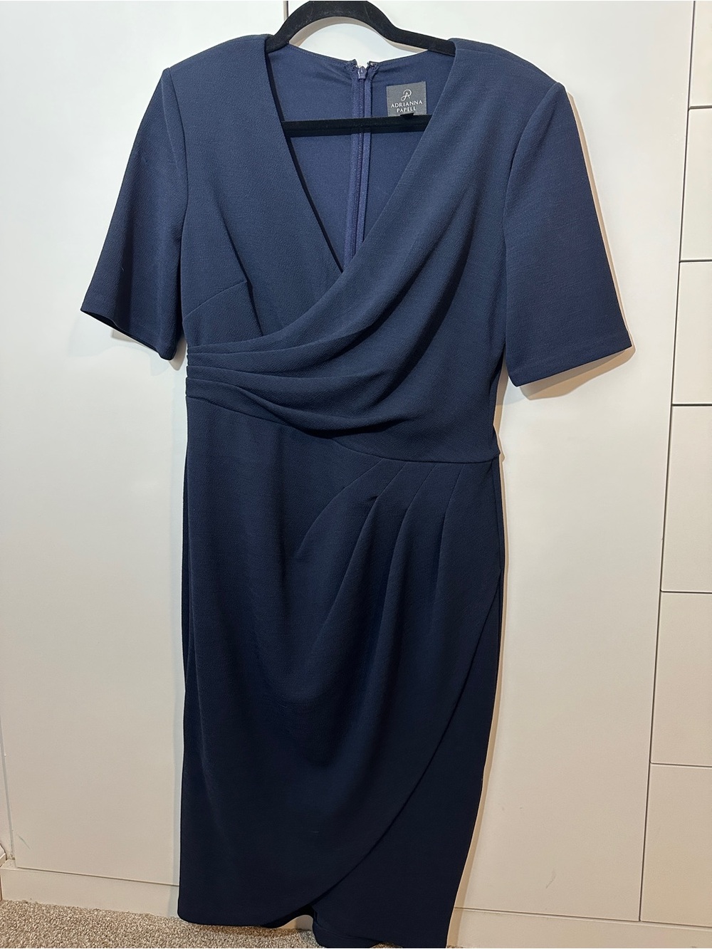 Adrianna Papell Navy Draped V-Neck Midi Dress